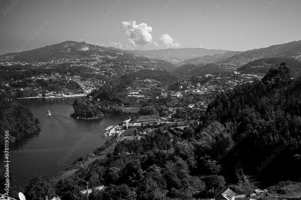Top view of the Douro river and countryside of the Douro Valley, Portugal. Black and white photo. Top view of the Douro river and countryside of the Douro Valley, Portugal. Black and white photo.