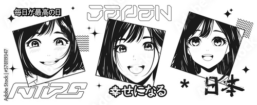 Asian girls in anime style and Y2k elements and stylish lettering. Manga graphic set. Cartoon anime girls. Vector set. Japanese lettering translation - Every day is the best day, be happy, japan