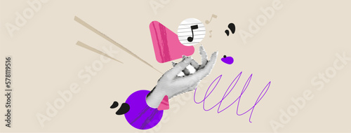 Vector collage with hand holder play music and notes paper grunge banner. Pop art composition with sound and line for quote. Halftone dj element for club party poster