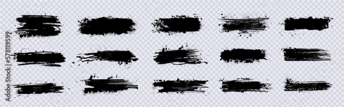 Dirty brush strokes with ink splashes. Black grunge artistic box. Dried smears with splashes. Diverse paintbrush lines with ink drops. Mud grunge texture design elements. Vector smears collection