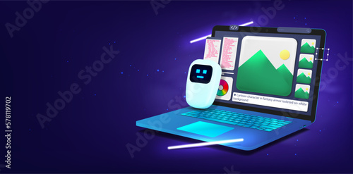 AI generation of illustrations, videos and other content. Creating an image using artificial intelligence, neural networks. Creating images on a computer using AI. Neural networks concept. 3D vector