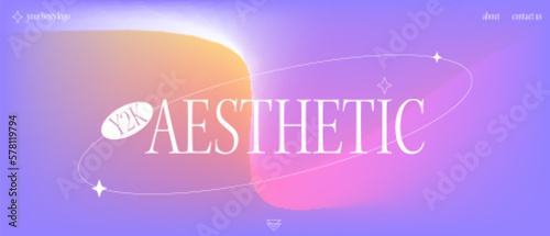A trendy landing page with y2k aesthetics. Modern banner with blurred gradient, stylish brutalistic figures. Vector background with noise and 3d holographic colors.