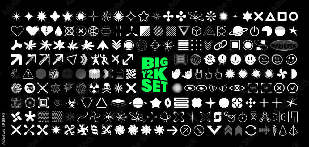 Retrofuturistic Y2K graphic icons, acid shapes, rave elements. Geometric shapes trippy vibe shapes, vaporwave 00s,90s,80s.  Lots of elements y2k for graphic design, poster, merch, flyers. Vector set - obrazy, fototapety, plakaty 