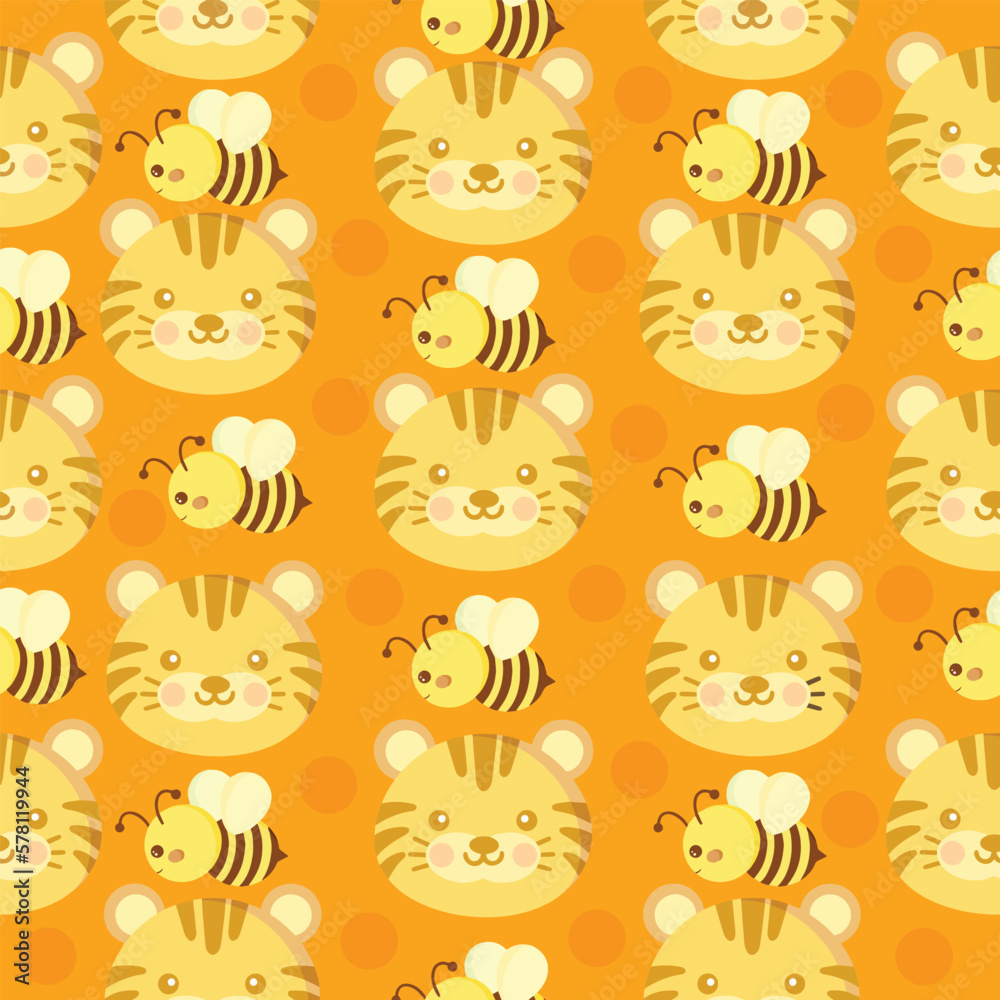 Fototapeta premium Tiger vector pattern Cute seamless background with bee.