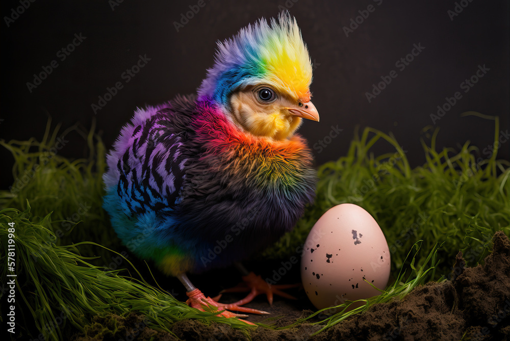 Funny Easter card of a cute neon color baby chicken beside a painted egg in the nest with copy space, generative AI