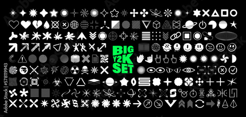 Retrofuturistic Y2K graphic icons, acid shapes, rave elements. Geometric shapes trippy vibe shapes, vaporwave 00s,90s,80s. Lots of elements y2k for graphic design, poster, merch, flyers. Vector set