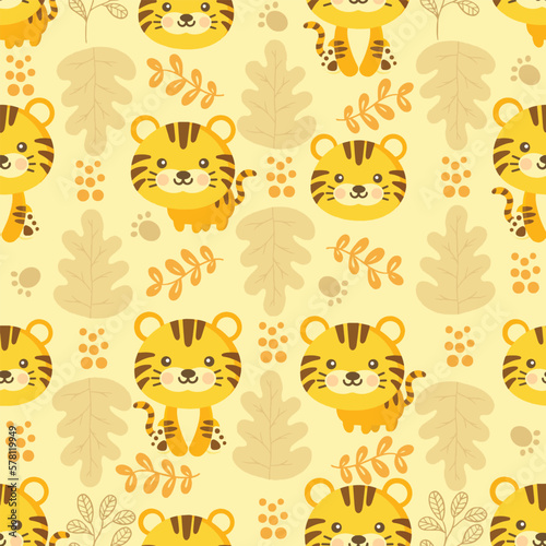 Tiger vector pattern Cute seamless background with leaves. © windmill