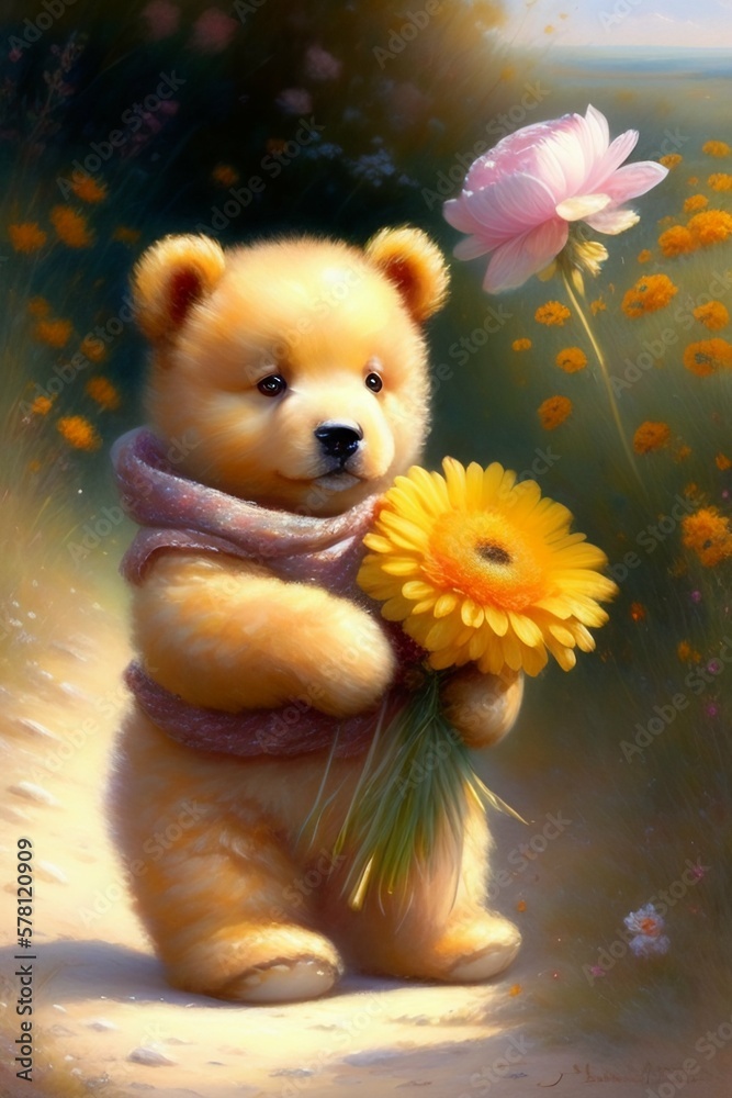 baby bear painting standing taking a flower baby bear painting standing taking a flower