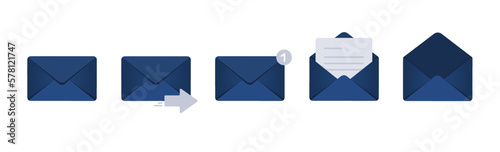 Blue envelope icons set.  Open and closed letter on a white background. Paper document enclosed in an envelope.  Vector illustration.