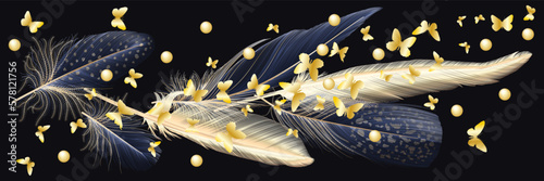 Art wallpaper with golden and blue feathers and gold butterflies. Modern creative design for home decor, banners, and prints. Vector illustration.