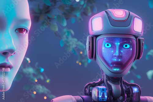 futuristic robot looking scared at an asian face, holograms, game, metaverse, virtual reality, cyberpunk portrait, pastel colors, Generative Ai