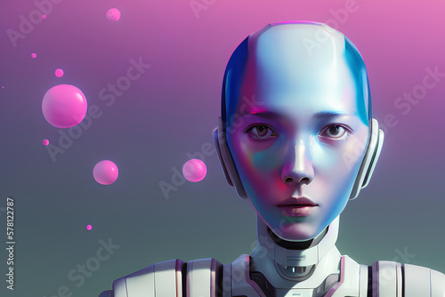 Asian futuristic humanoid robot, AI, artificial intelligence, cyberpunk portrait, serious looking forward, in pastel colors. Generative Ai