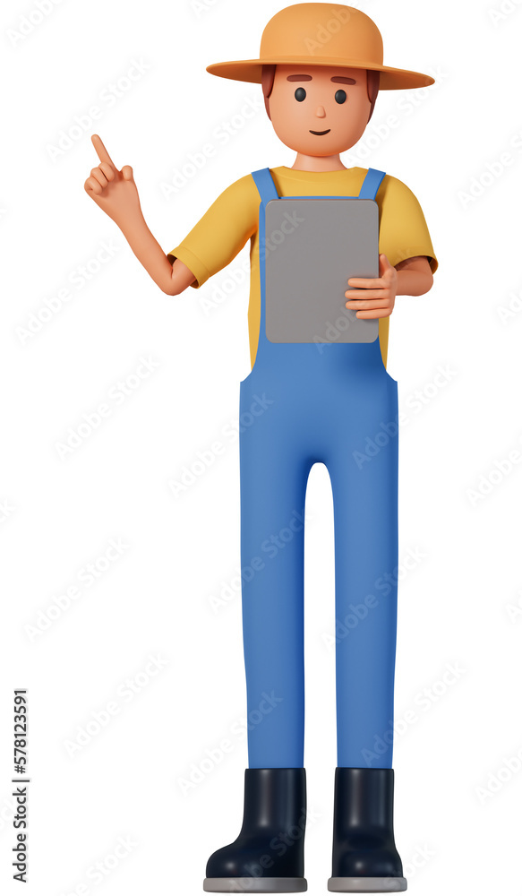 Farmer in overalls holding tablet and pointing with finger to the side 3d illustration