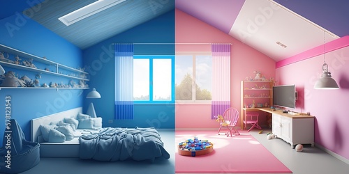 split comparison view of different old vs new renovated kids bedroom, day vs night timeline or changing and switching homes concepts as wide banner - Generative AI photo