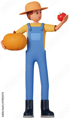 Farmer in overalls, hat and rubber boots hold pumpkin and tomato front view 3d illustration. 3d illustration of gardener man hold pumpkin in one hand and tomato in other hand © GulArt
