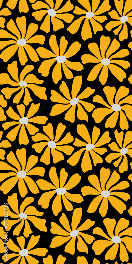 Groovy daisy flower seamless pattern. Cute hand drawn floral background.