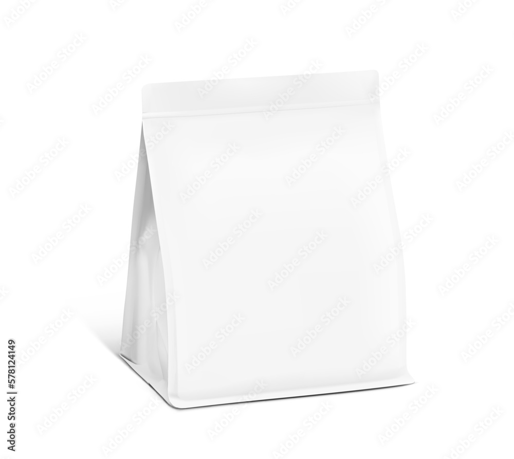 Realistic gusseted with flat bottom bag mockup. Vector illustration isolated on white background. Half side view. Can be use for template your design, presentation, promo, ad. EPS 10. Realistic gusseted with flat bottom bag mockup. Vector illustration isolated on white background. Half side view. Can be use for template your design, presentation, promo, ad. EPS 10.