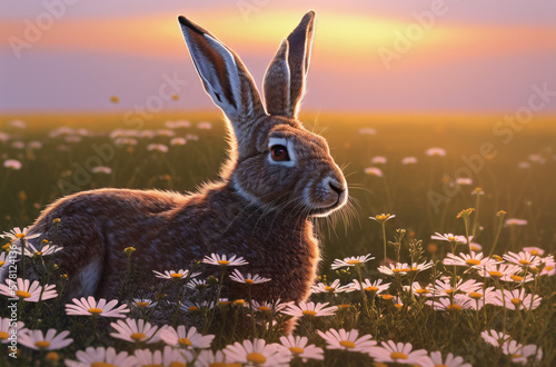 Cute hare on green lawn with daisies at sunset. Big - eared animal on walk on green grass with wild flowers, chamomiles. 