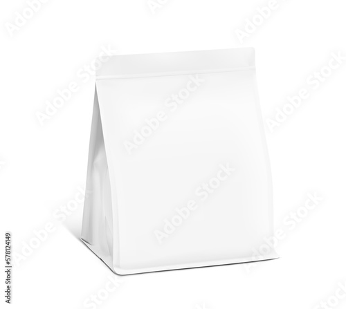 Realistic gusseted with flat bottom bag mockup. Vector illustration isolated on white background. Half side view. Can be use for template your design, presentation, promo, ad. EPS 10.