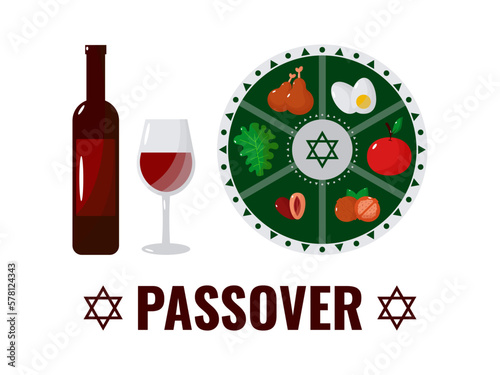 Jewish holiday Passover, Pesach, traditional icons and symbols. Vector illustration