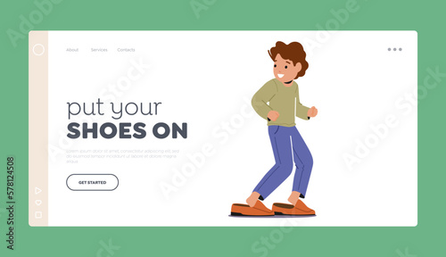 Little Boy Trying on Father Shoes Landing Page Template. Concept of Child Curiosity And Desire To Emulate Parent