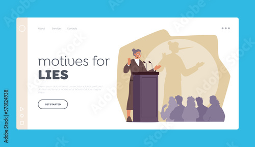 Motives for Lies Landing Page Template. Deceitful Female Character Stand On Tribune, Likely Giving A Speech