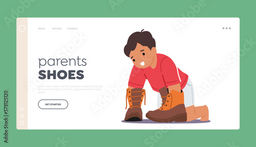 Parent Shoes Landing Page Template. Little Boy Trying On His Fathers Shoes Giving A Glimpse Into His Imaginative World