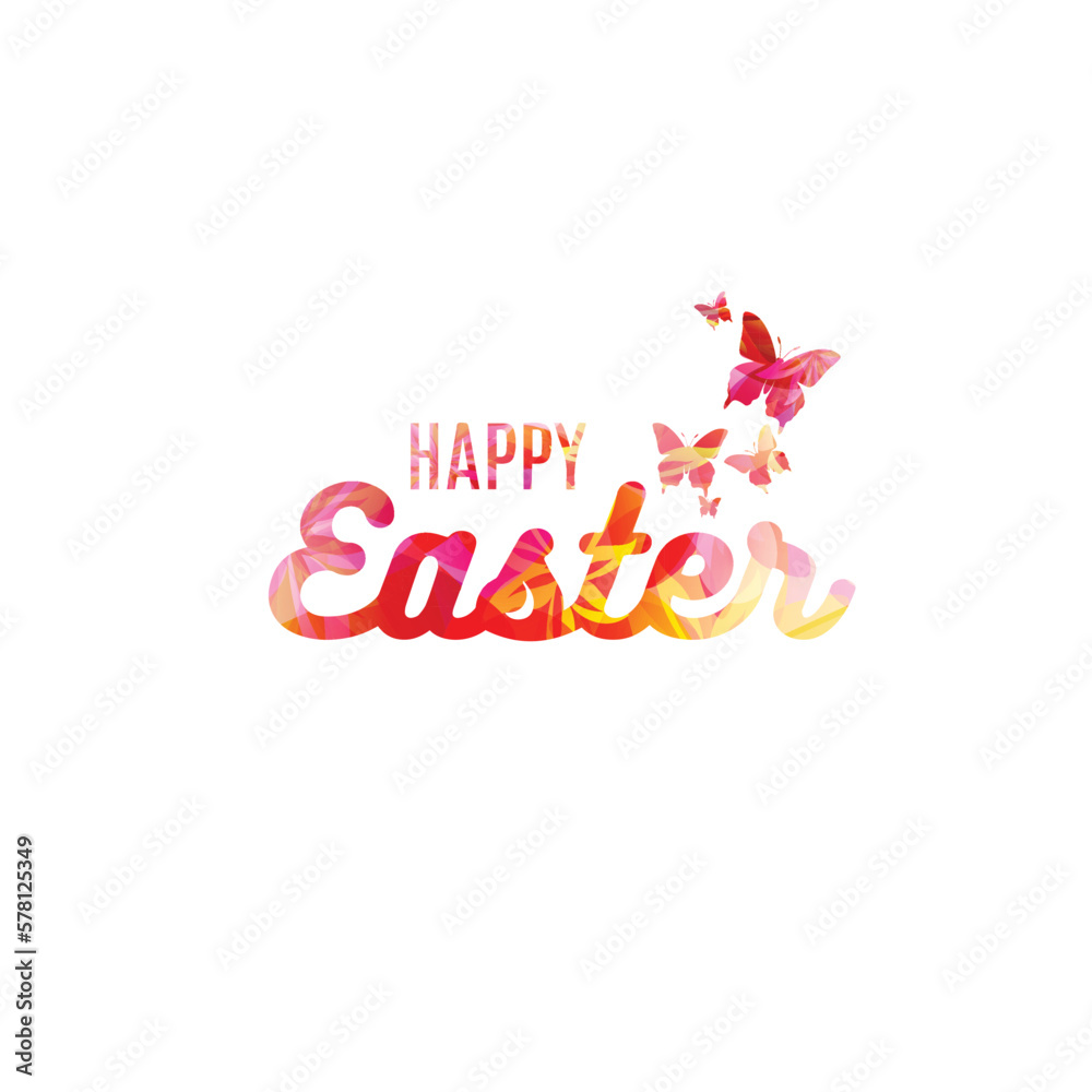Happy Easter calligraphy art banner. Script font decorative message for Easter celebration. Greeting card inscription for Eastertime with butterflies. Vector illustration