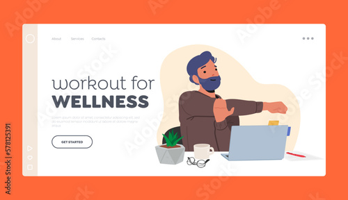 Workout for Wellness Landing Page Template. Male Character Doing Exercises In Office Environment. Man Promotes Fitness