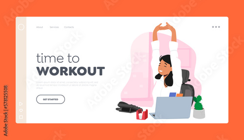 Fitness, Active Lifestyle, Health And Wellness Landing Page Template. Female Character Doing Workout In Office Space