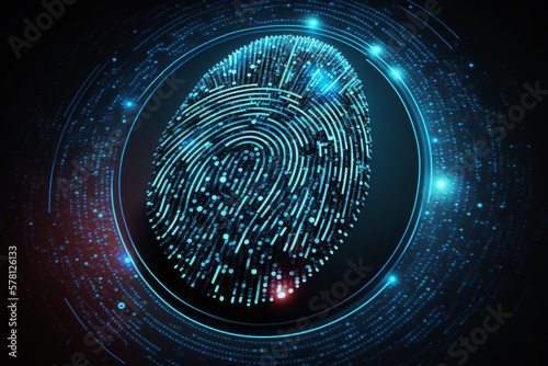 Biometrics identification and cyber security concept. Glowing neon fingerprint on dark background. Generative AI