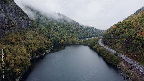 drone flyover of a lake
