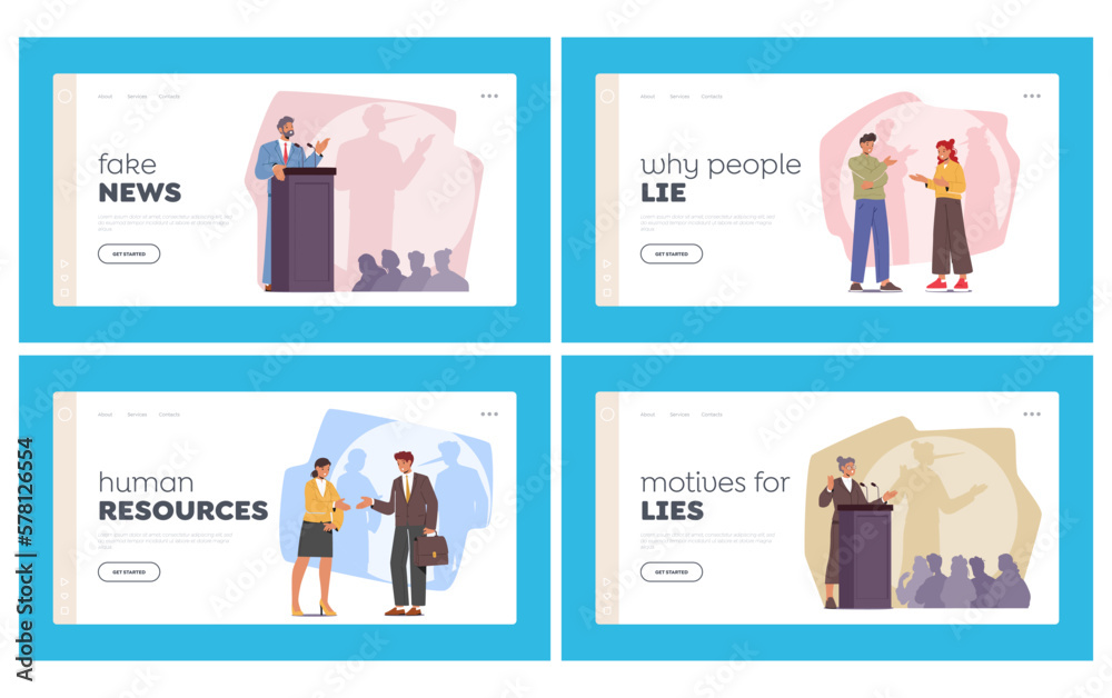 Liars Landing Page Template Set. Characters Communicating and Speaking on Tribune with Shade Of Pinocchio On Wall Liars Landing Page Template Set. Characters Communicating and Speaking on Tribune with Shade Of Pinocchio On Wall