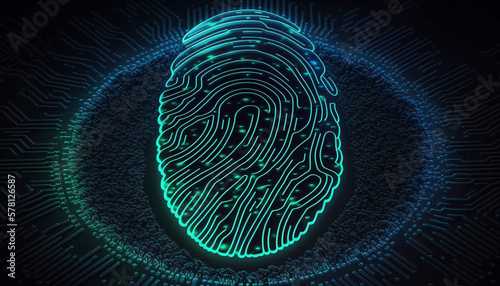 Biometrics identification and cyber security concept. Glowing neon fingerprint on dark background. Generative AI