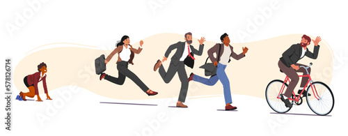 Business People Characters Running Fast Trying To Follow Successful Businessman Riding On Bicycle. Race For Leadership