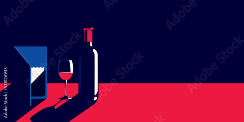 A bottle of expensive wine and a glass of wine. Near the bill for payment.