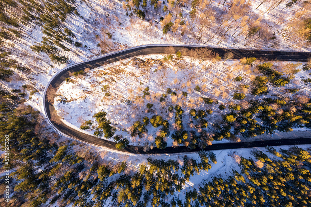 Aerial view of mountain road in Sudety mountains in Poland