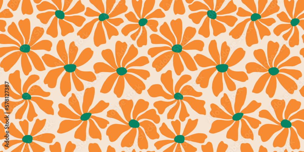 Fototapeta premium Groovy daisy flower seamless pattern. Cute hand drawn floral background.