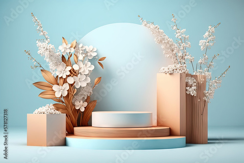Abstract platform podium product presentation with blossom spring flowers on blue background. Generative AI