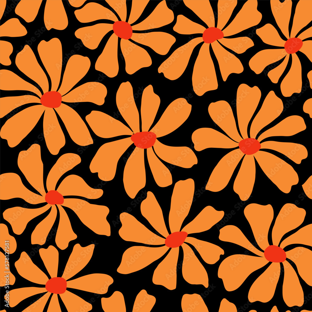 Groovy daisy flower seamless pattern. Cute hand drawn floral background.