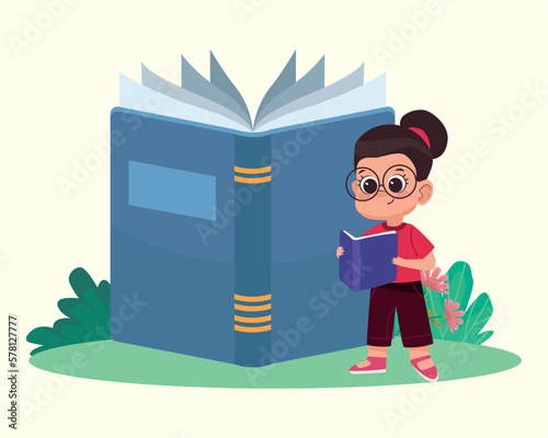 blue open book with girl