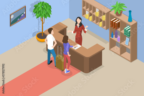 3D Isometric Flat Vector Conceptual Illustration of Receptionist, Tourists or Travellers at Hotel Lobby