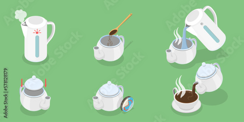 3D Isometric Flat Vector Conceptual Illustration of Brewing Leaf Tea, Guidelines How to Make Hot Drink