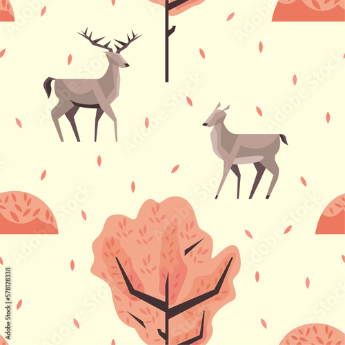 reindeer and fawn with trees