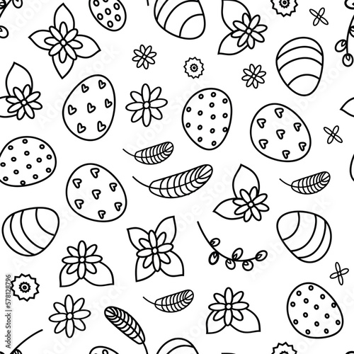 Linear pattern of Easter eggs and flowers and pussy willow