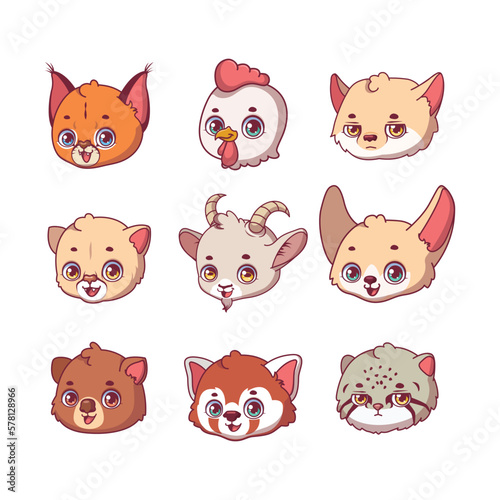 Collection of nine animal faces including caracal, rooster, tibetan sand fox, puma, goat, fennec fox, quokka, red panda, manul