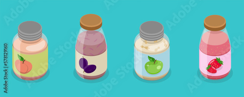 3D Isometric Flat Vector Set of Jam Glass Jars, Natural Oganic Products