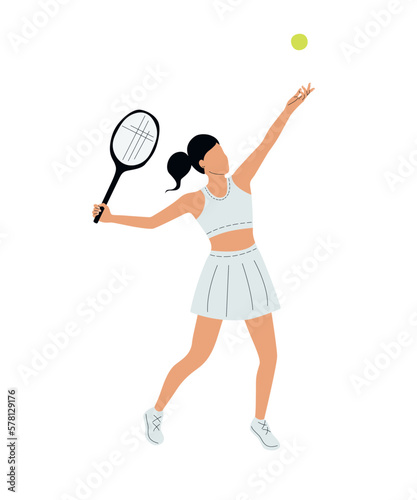 Woman tennis player. Sportswoman with racquet cartoon character isolated on white background. Young woman sportive character in uniform playing tennis. Workout playing tennis flat vector illustration © LesiaM