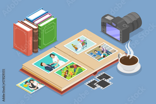 3D Isometric Flat Vector Conceptual Illustration of Photo Album, Happy Memory and Lifestyle