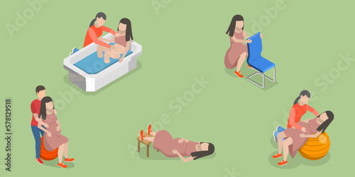 3D Isometric Flat Vector Set of Birth Positions, Pregnant Woman in Labour